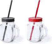 4x stuks Glazen Mason Jar drinkbekers met dop en rietje 500 ml - 2x zwart/2x rood - afsluitbaar/niet lekken/fruit shakes