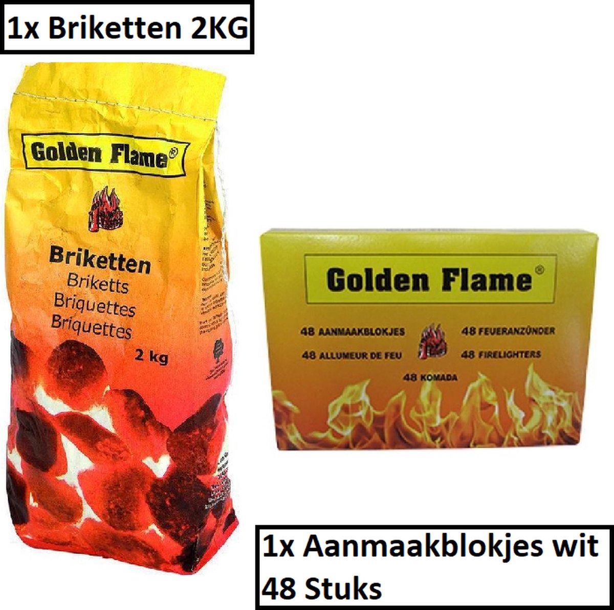 Golden Flame Combi – Briketten 2 kg – Aanmaakblokjes 48 Stuks