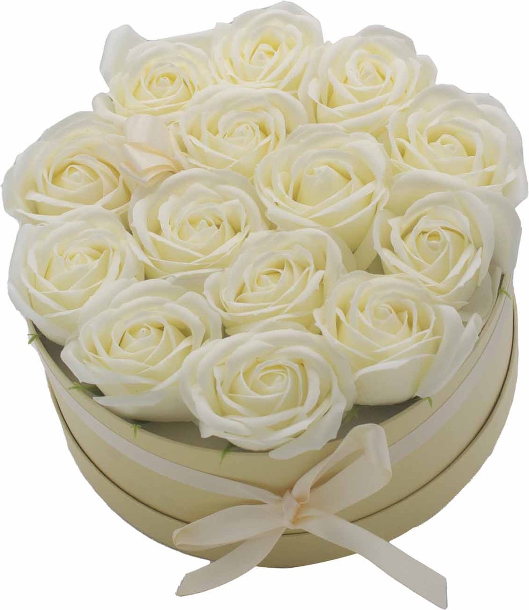 Zeep Bloemen Geschenkset - 14 Crème Rozen - Rond - 23x23x15cm