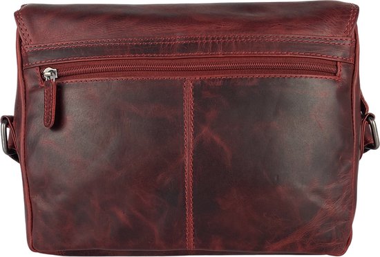 Arrière d'un sac bandoulière en cuir rouge avec poche zippée.