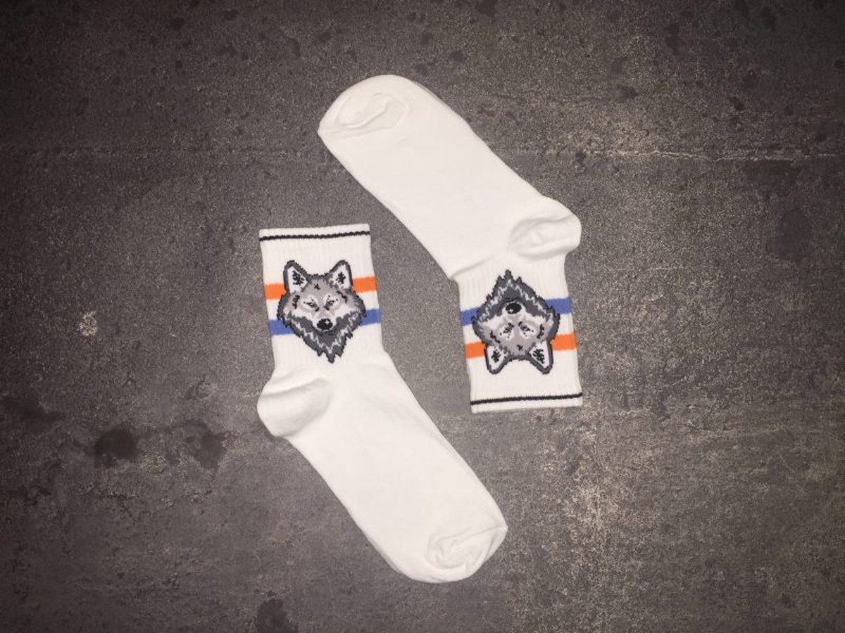 Sockston Socks - Tennis Wolf Blue and Orange Lines Socks - White