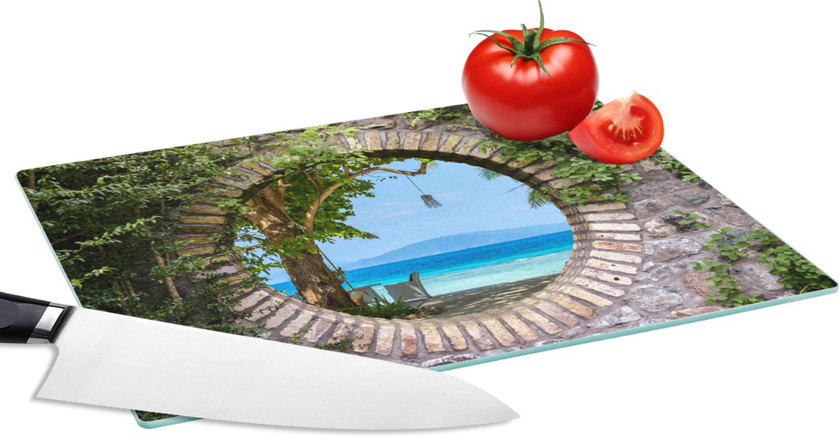 Glazen Snijplank - 28x20 - Strand - Doorkijk - Tropisch - Strandstoel - Snijplanken Glas