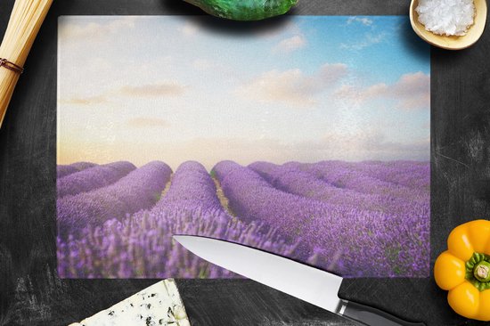 Planche à découper en Verres - 39x28 - Lavande - Ciel - Nuages ​​- Fleurs - Planches à découper en Glas