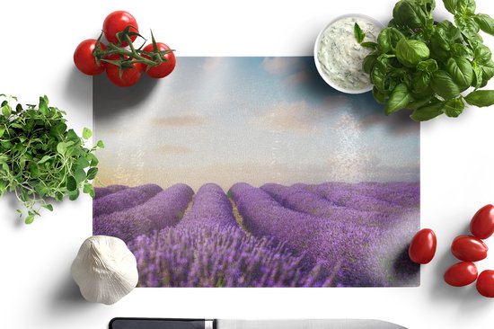 Planche à découper en Verres - 39x28 - Lavande - Ciel - Nuages ​​- Fleurs - Planches à découper en Glas