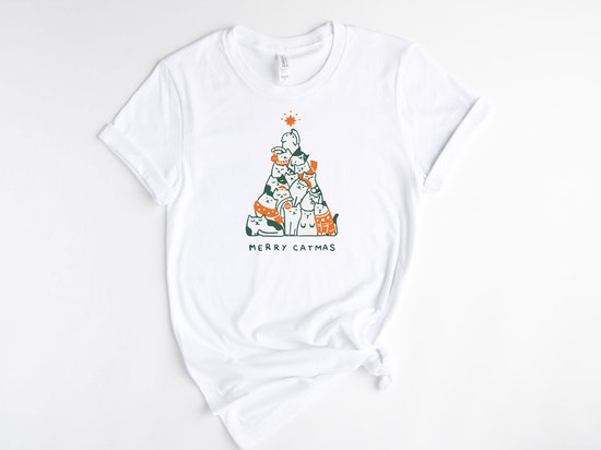 Catmas T-shirt |Grappige Foute kersttrui Shirt | Christmas Cadeau Shirt|Wit|