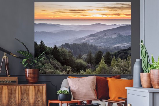 Stickers muraux - Montagnes - Soleil - Forêt - Paysage - 160x120 cm - Film Adhésif XXL