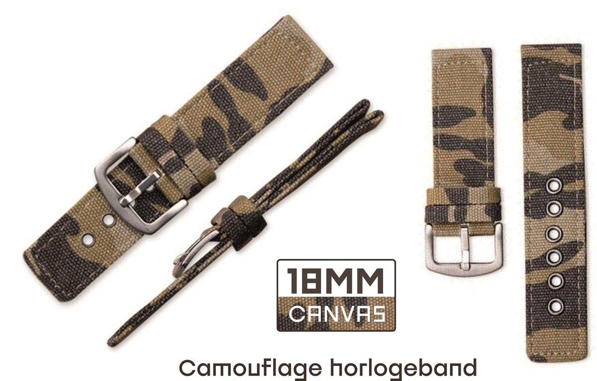 18mm Canvas Horlogeband met Camouflage print Khaki bruin passend op o.a Casio Seiko Citizen en alle andere merken | Horlogebandje | Horloge band