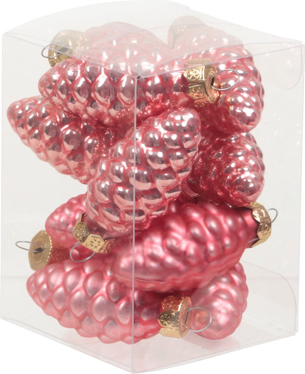 Othmar Decorations 12x Dennenappel kersthangers/kerstballen bubblegum roze van glas - 6 cm - mat/glans - Kerstboomversiering Fuchsia