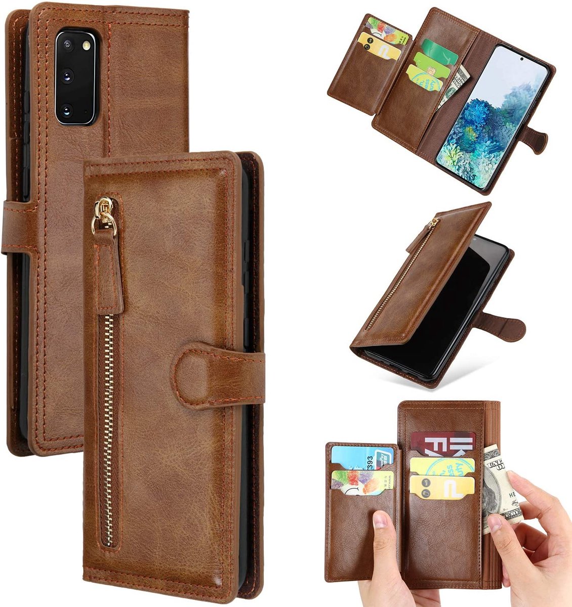 Premium vintage portemonnee hoesje met ritssluiting flip-cover hoes met kaarthoudersleuven Geschikt voor: Samsung Galaxy A13 4G - donker bruin