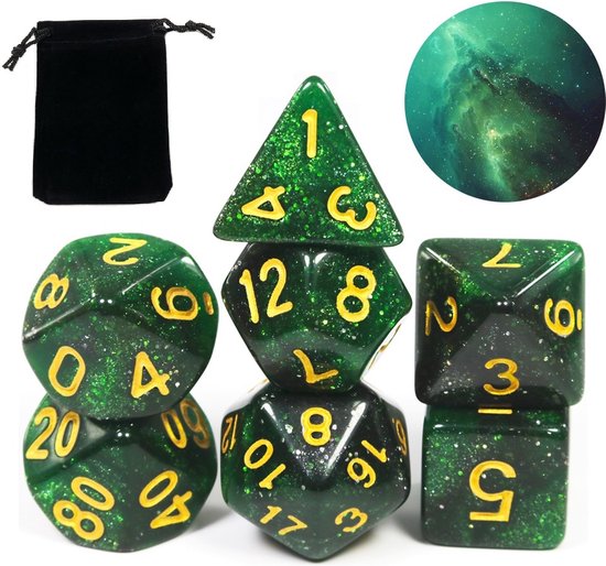 Afbeelding van het spel D&D dice set - Galaxy serie - DnD dobbelstenen set Groen - Dungeons and Dragons dobbelstenen Inclusief velvet bewaarzakje - Polydice