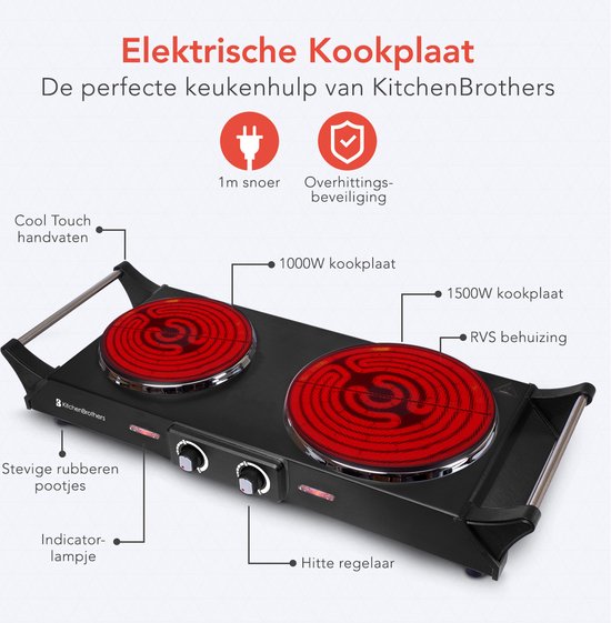 KitchenBrothers Elektrische Kookplaat - 2 Pits - 2500W - Zwart - KitchenBrothers