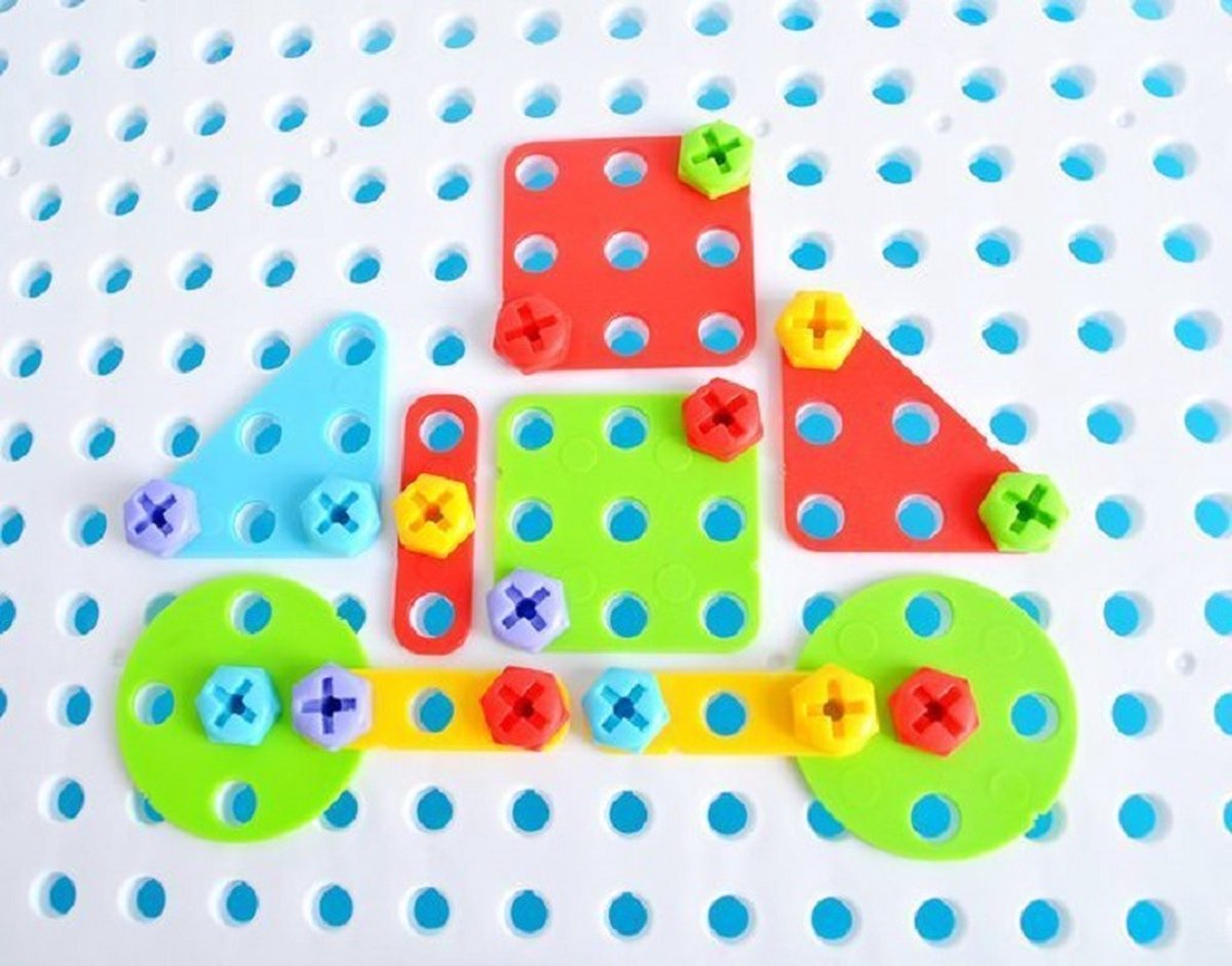 107-delig 3D Puzzel Constructie Bouw Speelgoed Mozaïek met Elektrische Schroef Boor Machine & Batterijen - Bouwonderdelen - Creatieve 2D/3D Puzzel met Werkende Boormachine & Gereedschapskoffer - Speelgoedgereedschapskoffer met Mozaïekbord — afbeelding 12