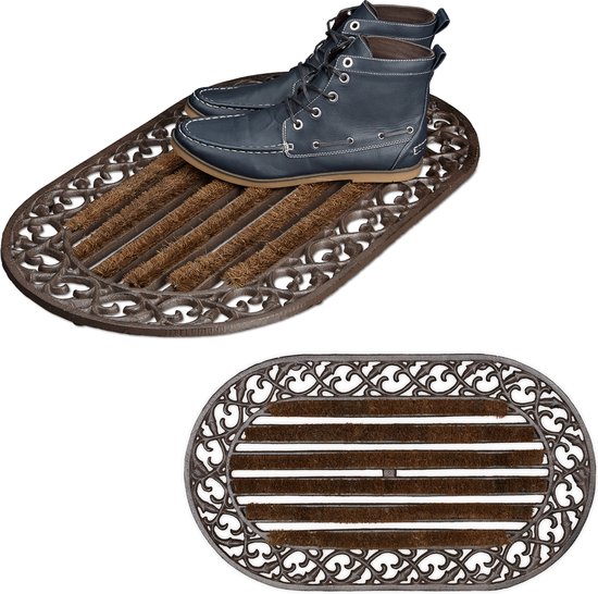 Relaxdays 2x deurmat gietijzer borstels - ovale voetmat - voetveger metaal - schoonloopmat
