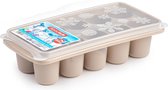 Tray met dikke grote ronde blokken van 6.5 cm ijsblokjes/ijsklontjes vormpjes 10 vakjes kunststof taupe met afsluit deksel