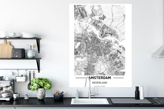 Affiche Carte - Amsterdam - Zwart - Wit - 90x120 cm
