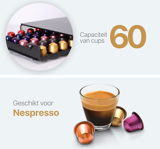 Tiroir métallique noir pour 60 capsules de café. Montre un gros plan du tiroir plein et une tasse d'espresso avec des capsules.