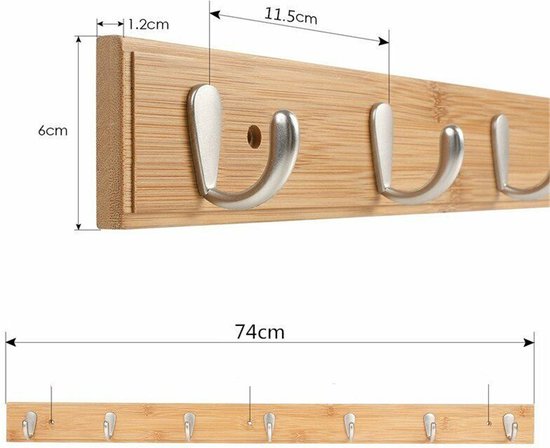 lomejii houten muurhanger met 6 zilveren haken, 58 cm, stevige haakbaan voor jassen, hoeden, tassen, grote moderne hangerhanger voor inkomhal slaapkamer, witte hanger