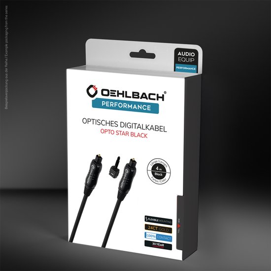 Verpakking van een Oehlbach Optische Digitale Kabel 'OPTO STAR BLACK' van 4 meter. De voorkant toont de zwarte kabel met Toslink connectoren.