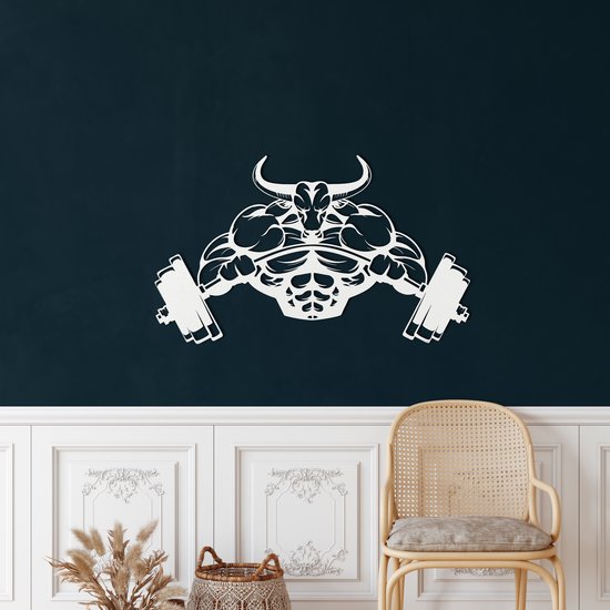 Wanddecoratie | Stier / Bull | Metal - Wall Art | Muurdecoratie | Woonkamer | Buiten Decor |Wit| 90x50cm