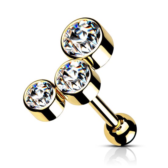 Piercing 3 steentjes rond wit gold plated