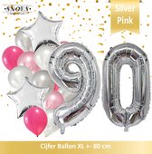 Cijfer Ballon 90 Jaar Zilver Roze White Pearl Boeket * Hoera 90 Jaar Verjaardag Decoratie Set van 15 Ballonnen * 80 cm Verjaardag Nummer Ballon * Snoes * Verjaardag Versiering * Ve