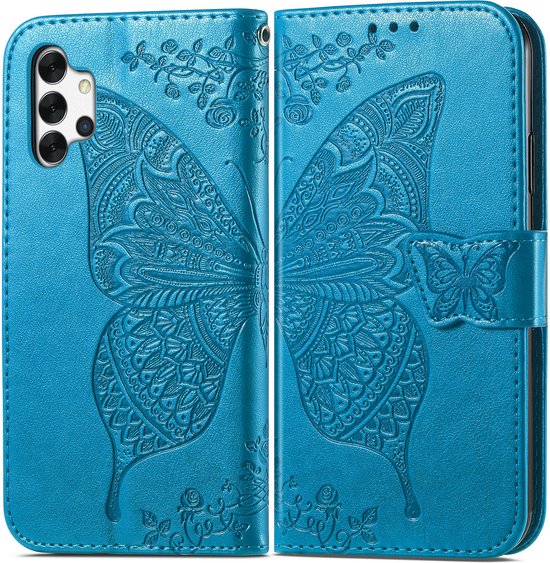 Étui de téléphone bleu déplié avec relief de papillon, deux parties visibles.