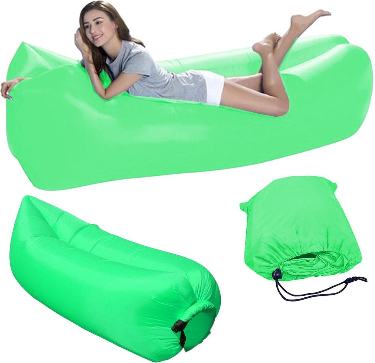 Opblaasbare zitzak groen - Volwassenen luchtbed - Air lounger - Luchtzak 220x70 cm - Ligzak voor op het strand