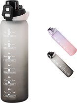 Motivatie Waterfles met Tijdmarkering - 1 Liter - 100% BPA vrij - Met Fruitfilter - Zwart/Grijs - Sportief