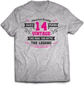 14 Jaar Legend - Feest kado T-Shirt Heren / Dames - Antraciet Grijs / Roze - Perfect Verjaardag Cadeau Shirt - grappige Spreuken, Zinnen en Teksten. Maat L