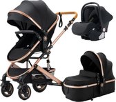 Trendymen - Luxe Baby Buggy 3 in 1 - Baby Wagen - Kinderwagen met stoel en wieg - Hoge Kwaliteit - Zwart