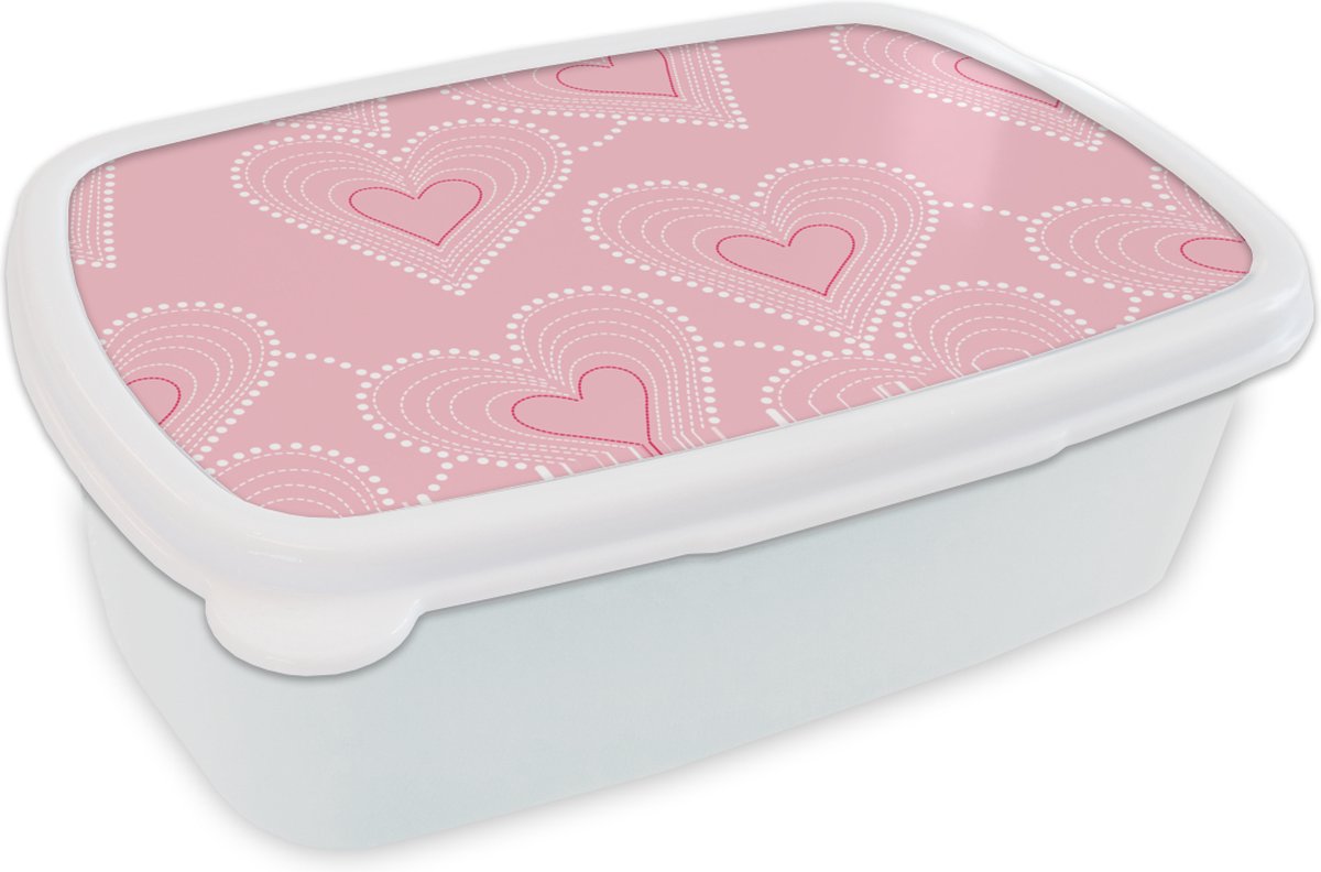 Broodtrommel Wit - Lunchbox - Brooddoos - Hartjes - Patronen - Roze - 18x12x6 cm - Volwassenen