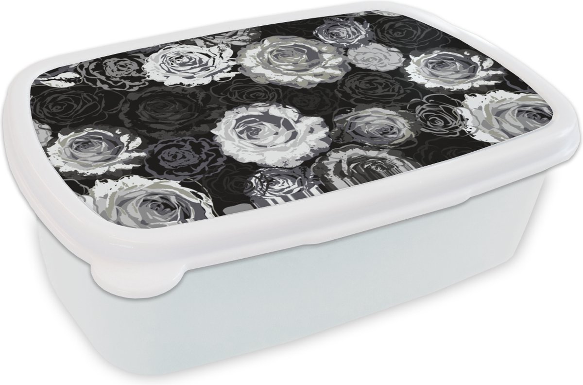 Broodtrommel Wit - Lunchbox - Brooddoos - Rozen - Zwart Wit - Patronen - 18x12x6 cm - Volwassenen