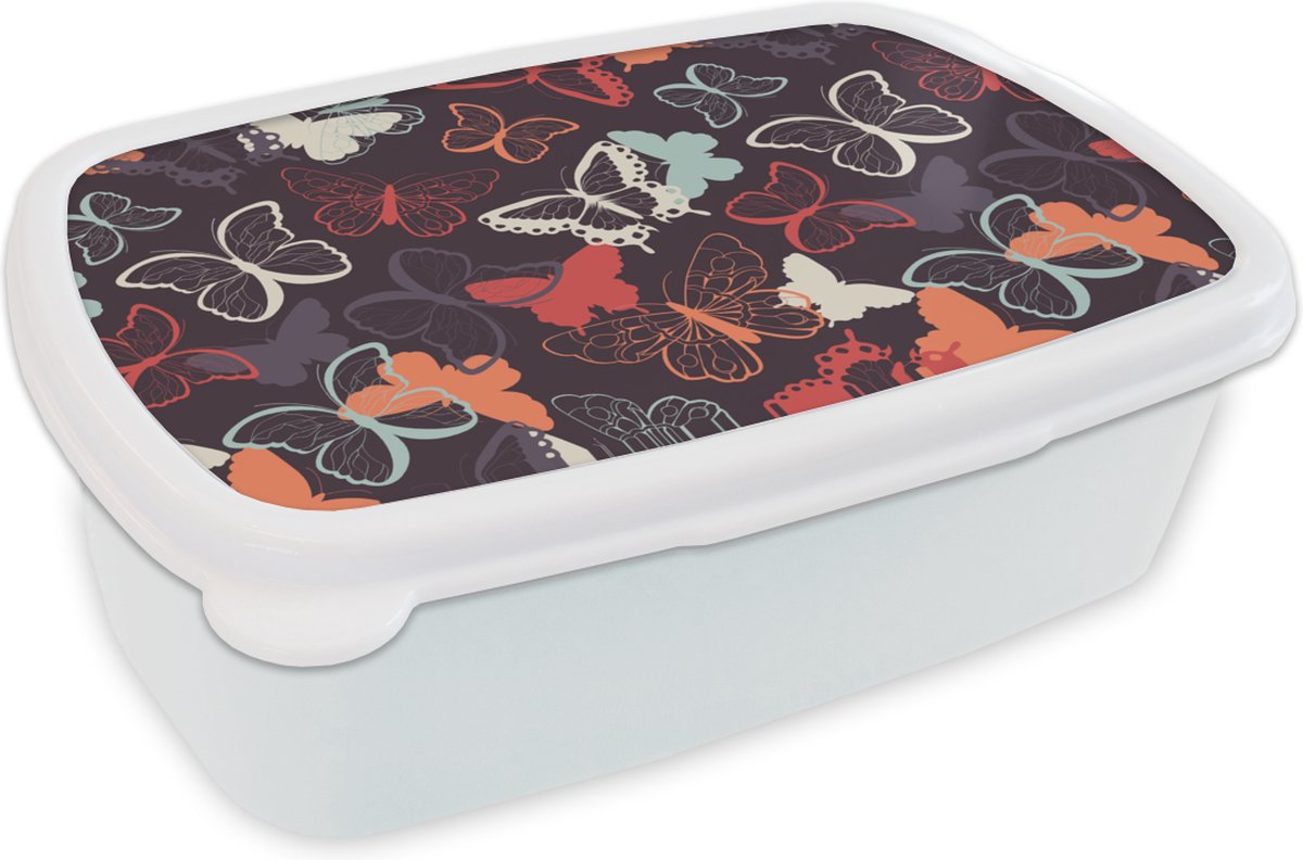 Broodtrommel Wit - Lunchbox - Brooddoos - Vlinders - Patronen - Abstract - 18x12x6 cm - Volwassenen