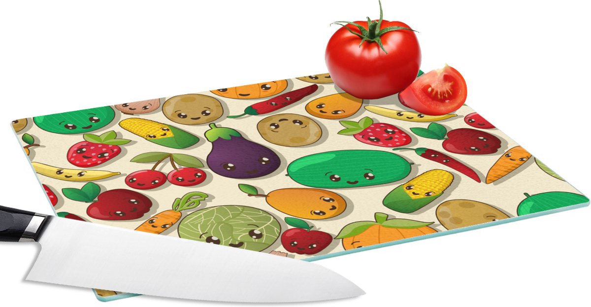 Glazen Snijplank - 28x20 - Kawaii - Patronen - Groente - Fruit - Snijplanken Glas