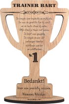 Beker trainer - bedankt coach - gepersonaliseerde houten wenskaart - kaart van hout om begeleider te bedanken met eigen naam en tekst