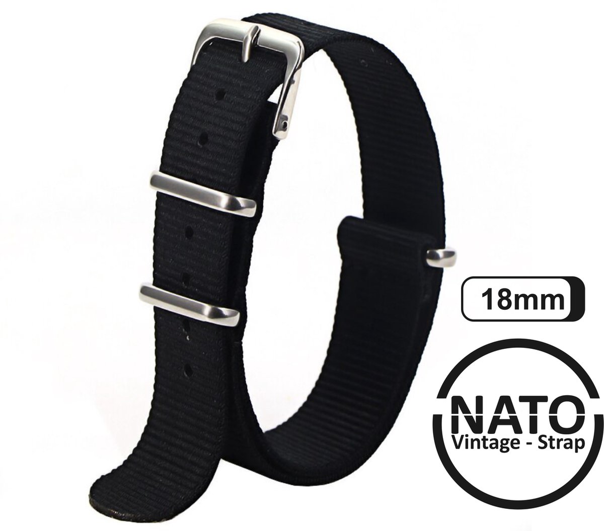 18mm Premium Nato Strap Zwart - Vintage James Bond - Nato Strap collectie - Mannen - Horlogeband - 18 mm bandbreedte voor oa. Seiko Rolex Omega Casio en Citizen