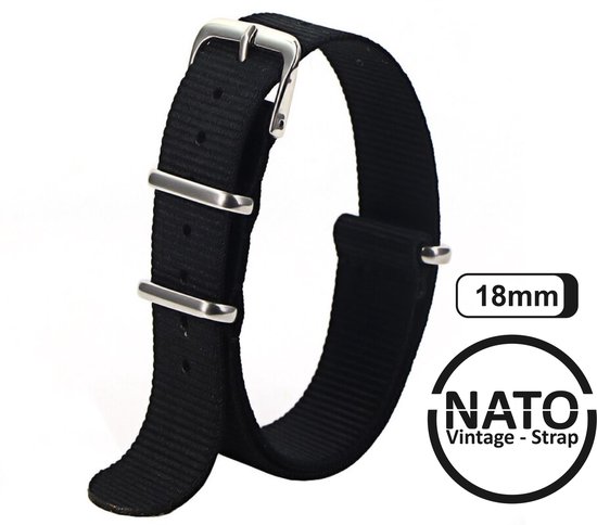 Bracelet Nato Premium 18 mm Zwart - Vintage James Bond - Collection Nato Strap - Homme - Bracelet de montre - Largeur de bande 18 mm pour par ex. Seiko Rolex Omega Casio et Citizen