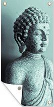 Wanddecoratie buiten Boeddha beeld blauw fotoprint - 80x160 cm - Tuindoek - Buitenposter