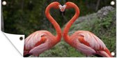 Tuinposter Twee flamingo's vormen een hart - 60x30 cm - Tuindoek - Buitenposter