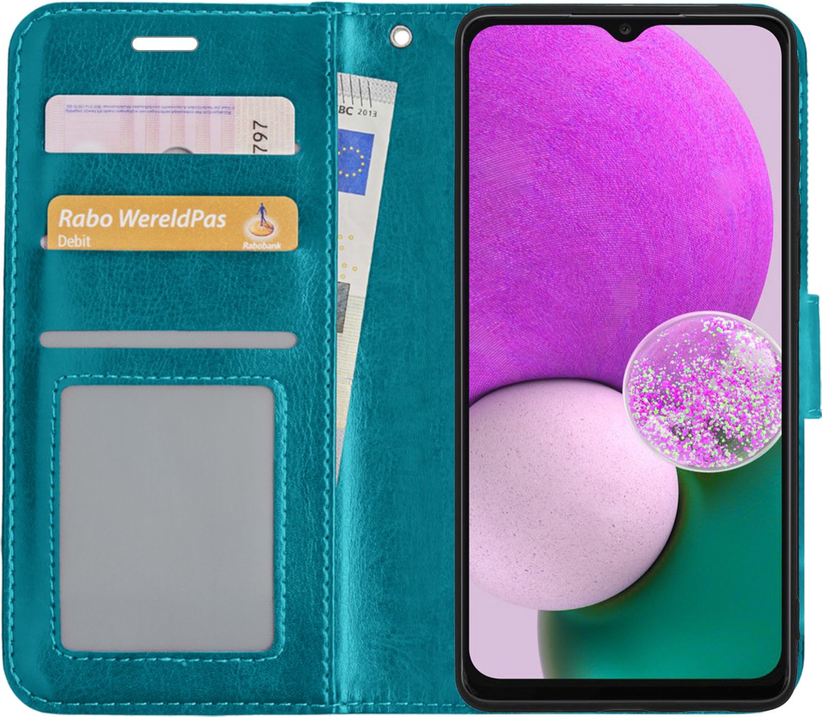 Hoes - Met Pasjeshouder - Geschikt voor Samsung Galaxy A13 4G - Luxe Bookcase Portemonee - Flip Case - Kunstleer Book Case - Flipcase - Book Cover - Walletcase - PortemonneeHoes - Turquoise