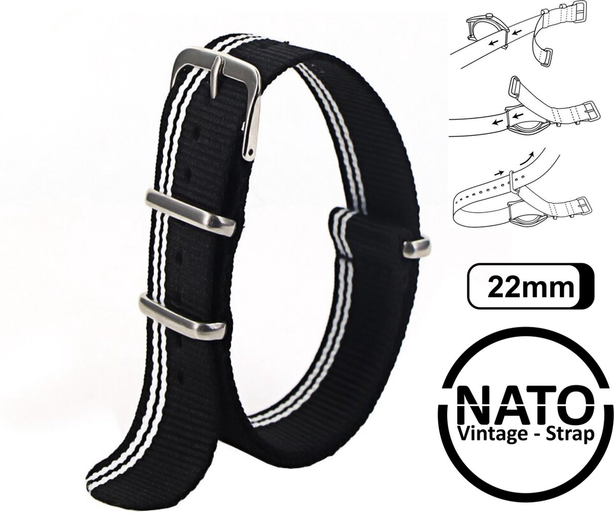 22mm Premium Nato Strap Zwart Wit - Vintage James Bond - Nato Strap collectie - Mannen - Horlogeband - 22 mm bandbreedte voor oa. Seiko Rolex Omega Casio en Citizen