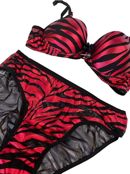 Ensemble Lingerie 2 pièces - Ensemble soutien-gorge rembourré à armatures - Ensemble soutien-gorge Push-up - Imprimé zèbre rouge - Taille 80B