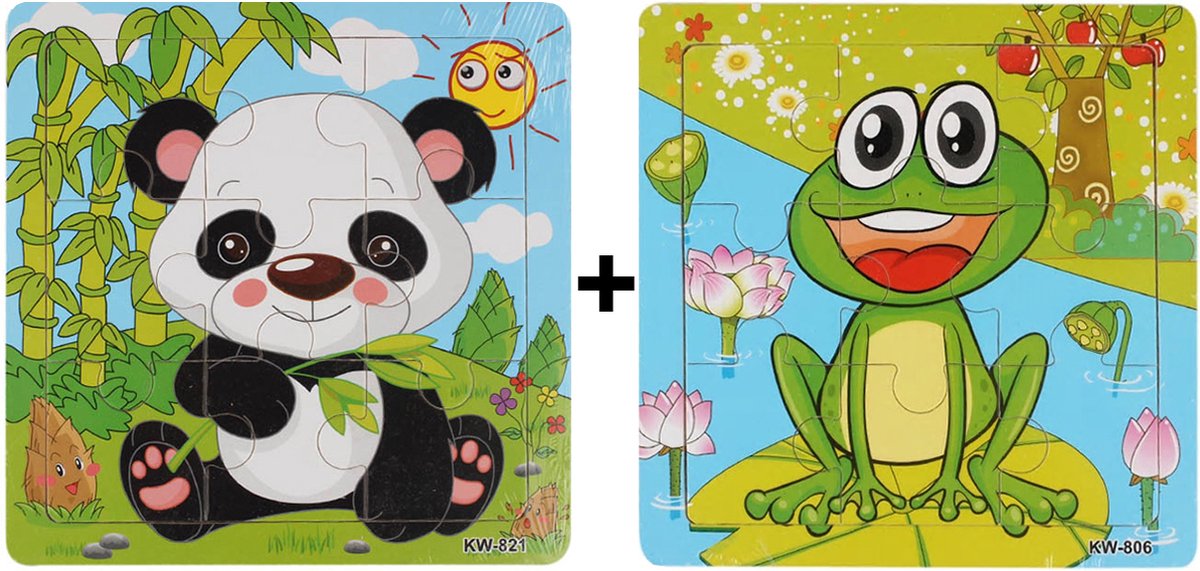 2 Houten Puzzels van 9 stukjes - Dieren: Panda en Kikker - Voor