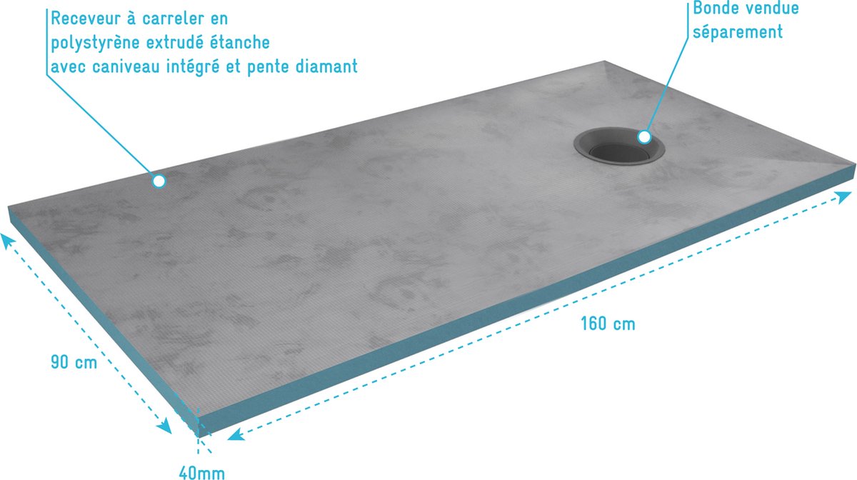 Receveur de douche 160x90 cm - extra plat - gris - DIAMANT