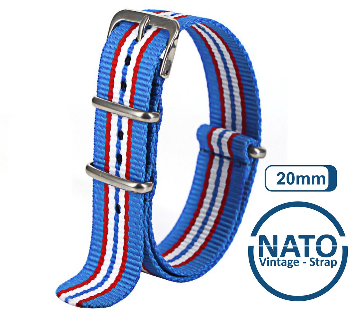 20mm Premium Nato Strap Lichtblauw Rood Wit - Vintage James Bond - Nato Strap collectie - Mannen - Horlogeband - 20 mm bandbreedte voor oa. Seiko Rolex Omega Casio en Citizen