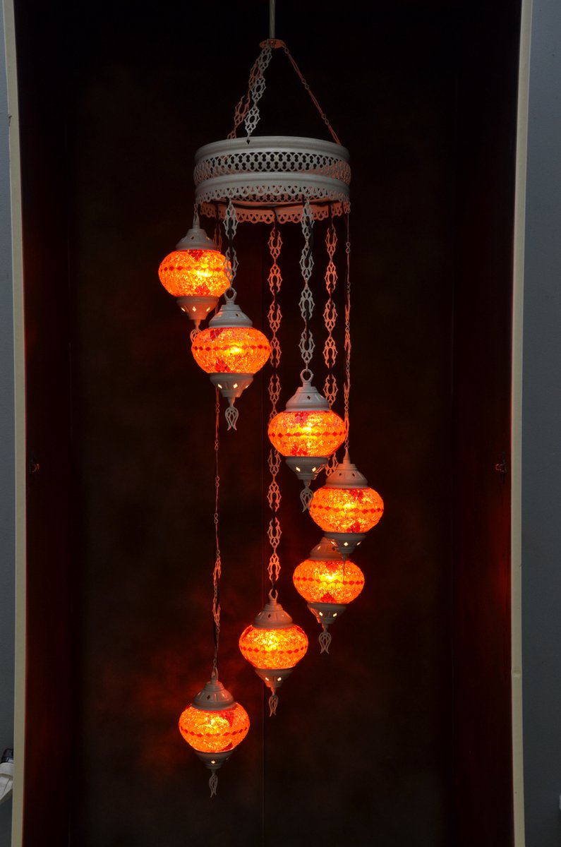 Hanglamp multicolour rood glas mozaïek Oosterse lamp kroonluchter Crèmewit 7 bollen