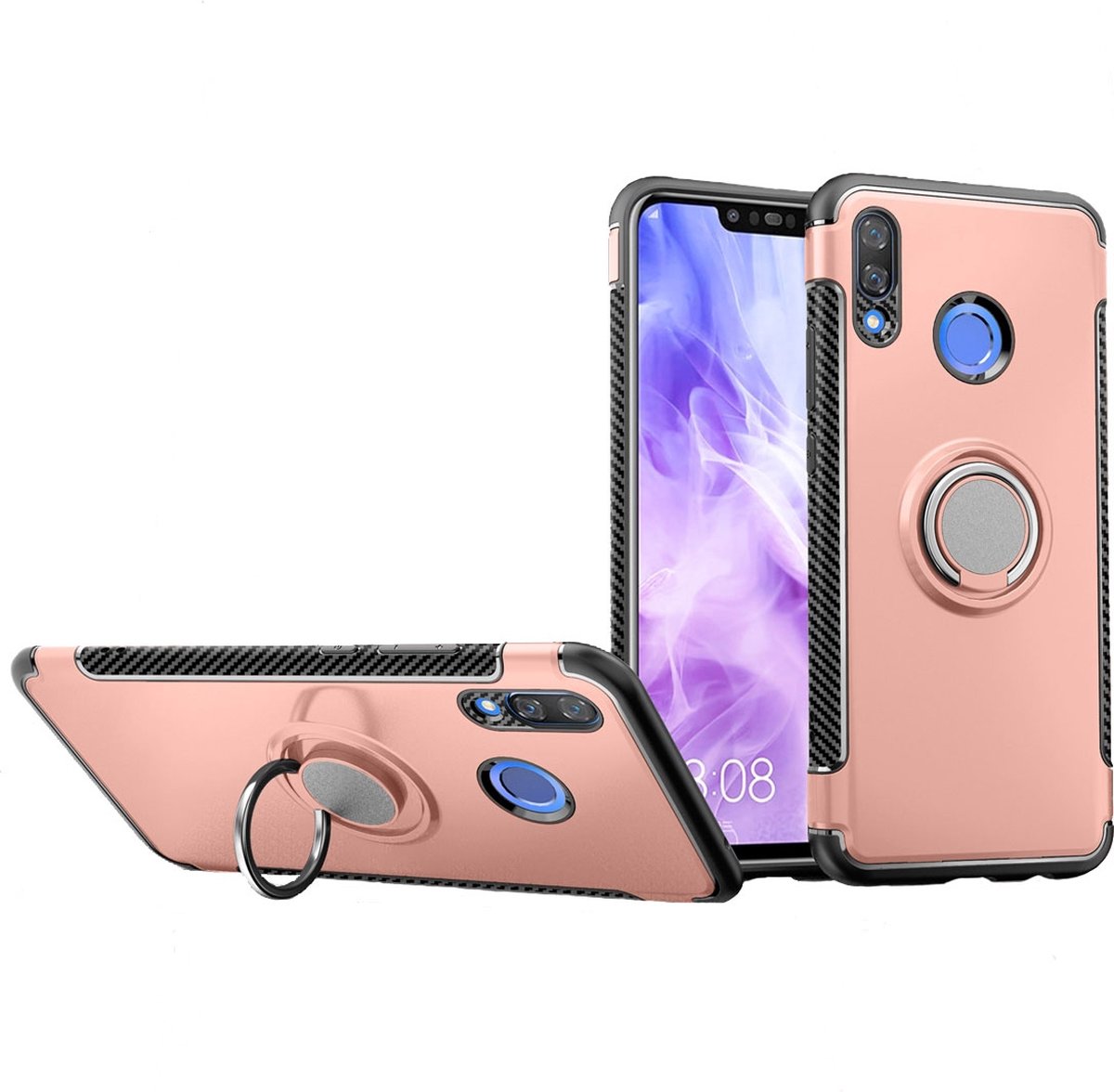 Mobigear Hoesje geschikt voor Huawei Nova 3 Telefoonhoesje Hardcase | Mobigear Armor Ring Backcover Shockproof met Ringhouder | Schokbestendig Nova 3 Telefoonhoesje | Anti Shock Proof - Roségoud