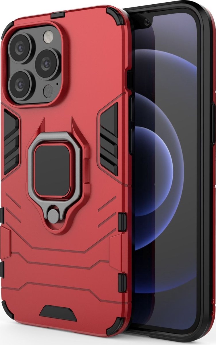 Mobigear Hoesje geschikt voor Apple iPhone 13 Pro Telefoonhoesje Hardcase | Mobigear Armor Ring Backcover Shockproof met Ringhouder | Schokbestendig iPhone 13 Pro Telefoonhoesje | Anti Shock Proof - Rood