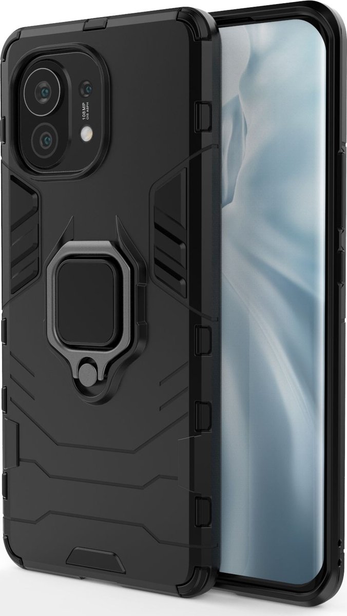 Mobigear Hoesje geschikt voor Xiaomi Mi 11 Telefoonhoesje Hardcase | Mobigear Armor Ring Backcover Shockproof met Ringhouder | Schokbestendig Mi 11 Telefoonhoesje | Anti Shock Proof - Zwart