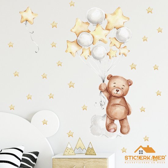 Stickerkamer® Muursticker ours avec ballons et étoiles | Chambre des enfants | Chambre de bébé | Chambre à coucher | Décoration murale | Garçon | Fille